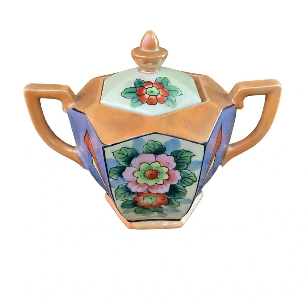 Vintage Lusterware Sugar Pot Ceramic Hexagon Iridescent Glaze